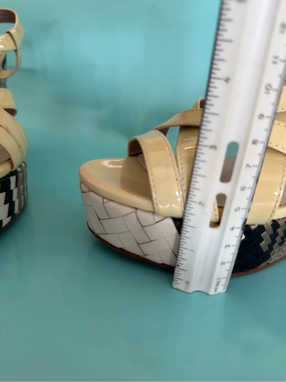Cole Haan. Strappy Yellow Wedge Sandals with Black-and-White Woven Platform